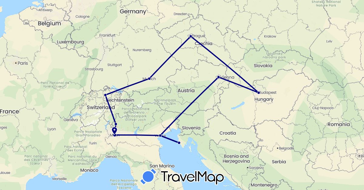 TravelMap itinerary: driving in Austria, Switzerland, Czech Republic, Germany, Croatia, Hungary, Italy (Europe)